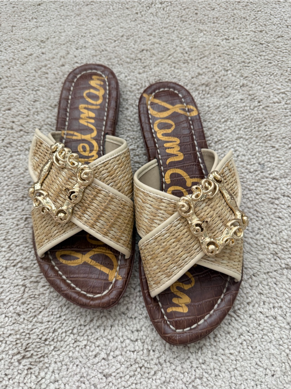Sam Edelman Natural Beige Woven Slide Sandals with Gold Chain Accent